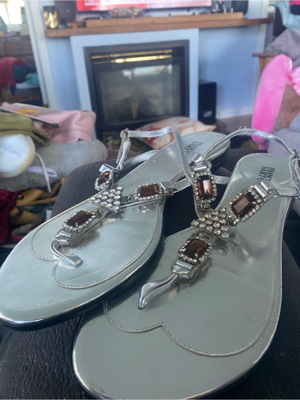 Silver Embellished T-Strap Sandals -